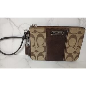 COACH Signature Khaki/Brown Canvas and Leather Wristlet